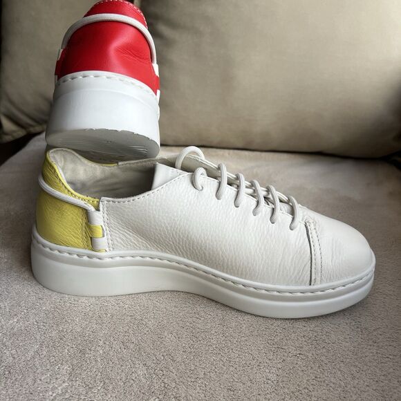 Camper Running Twins White Leather Sneakers Women EU 36 US 6 Red Yellow Heel - Picture 3 of 16